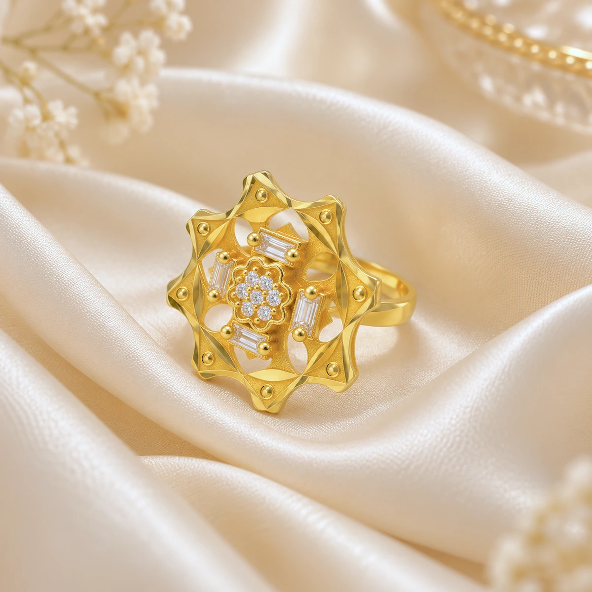 Gold Tone Floral Starburst Statement Ring for Women