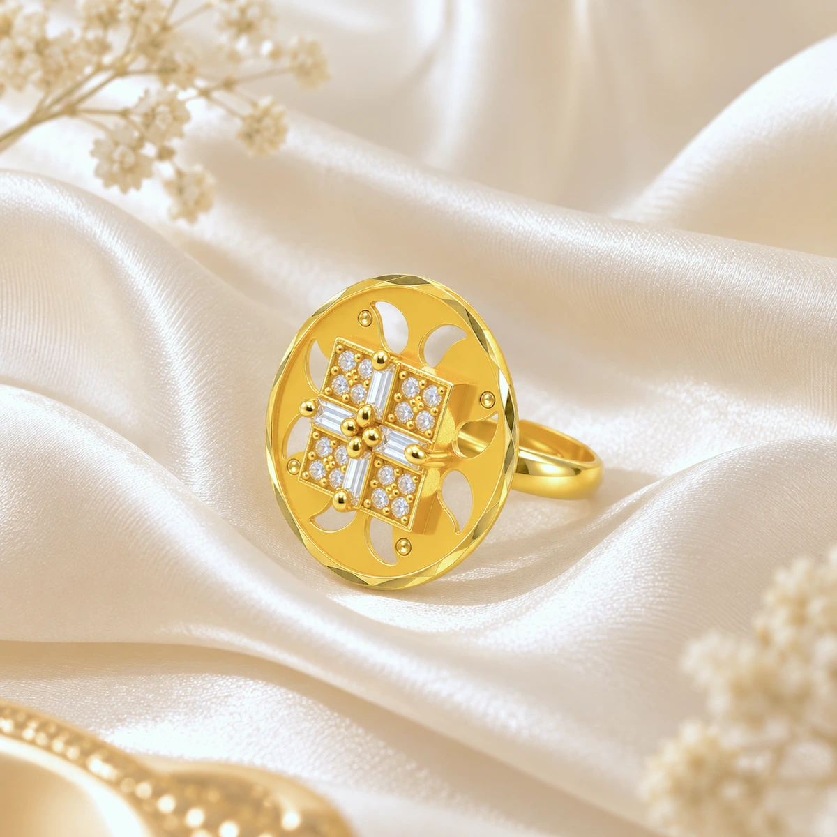 Gold Tone Geometric Floral Statement Ring for Women