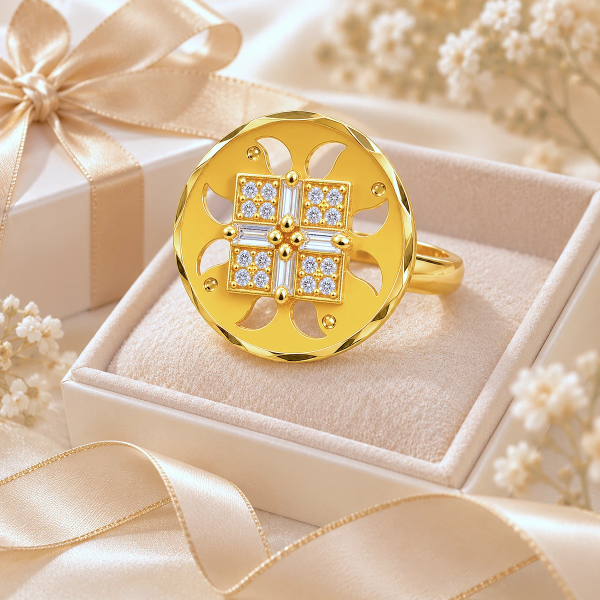 Gold Tone Geometric Floral Statement Ring for Women