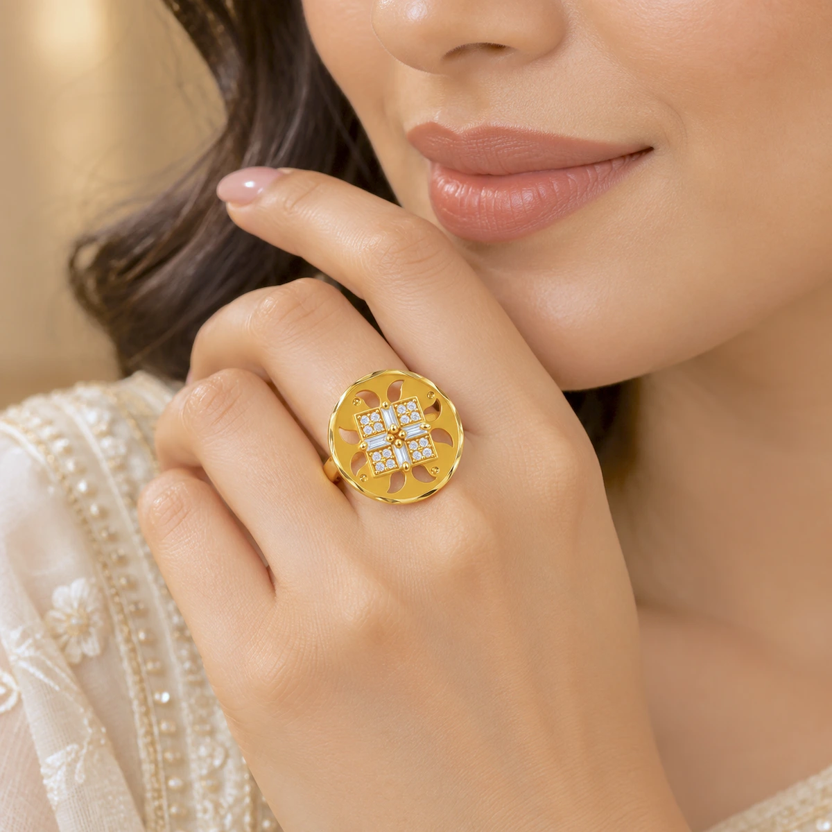 Gold Tone Geometric Floral Statement Ring for Women