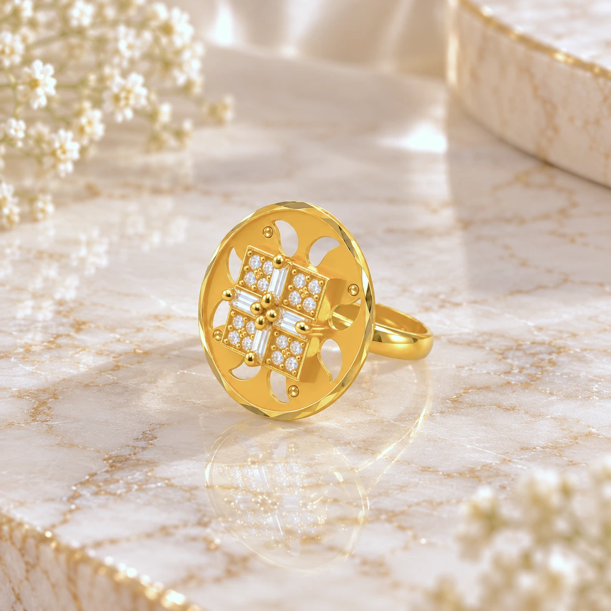 Gold Tone Geometric Floral Statement Ring for Women