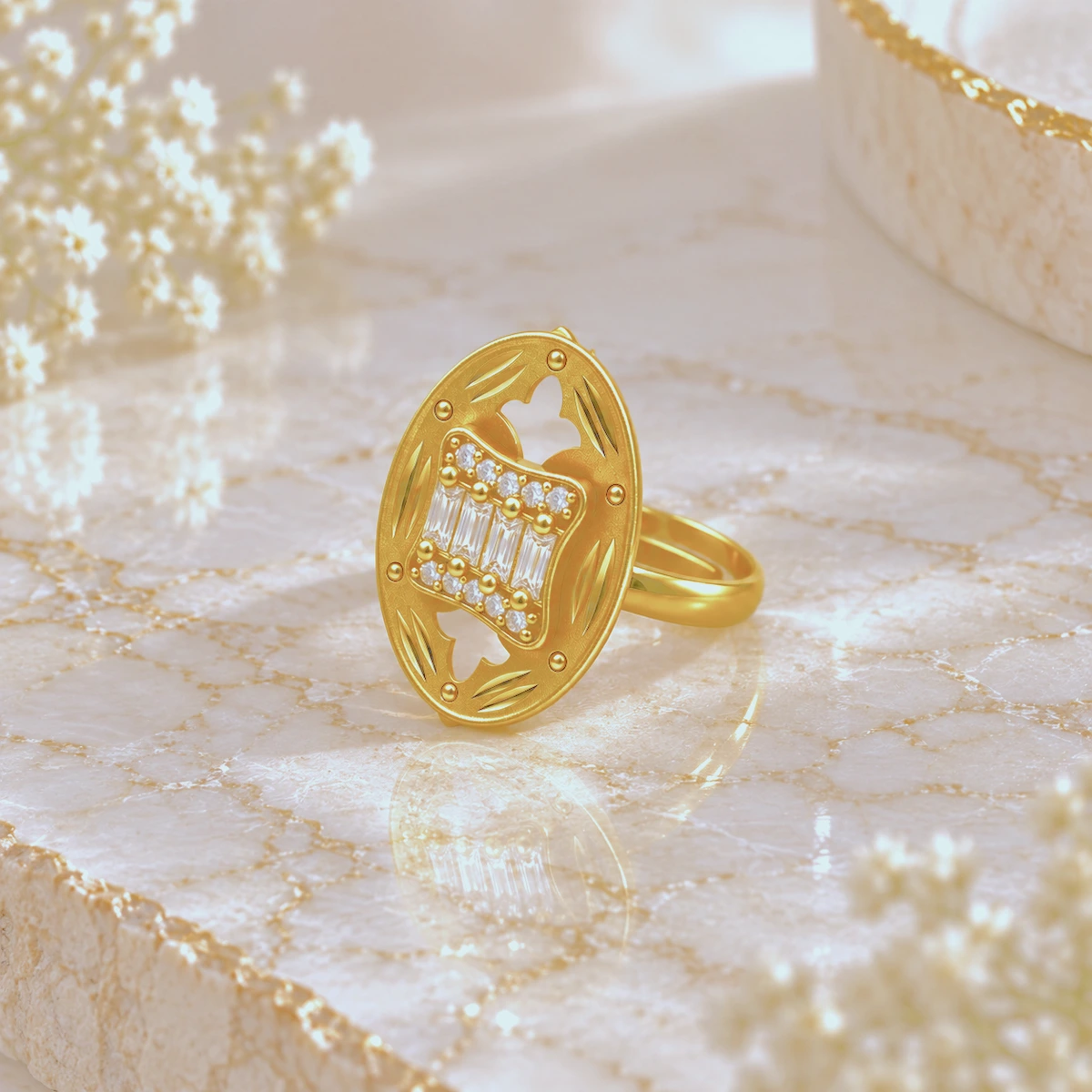 Gold Tone Ornate Floral Cutwork Statement Ring for Women