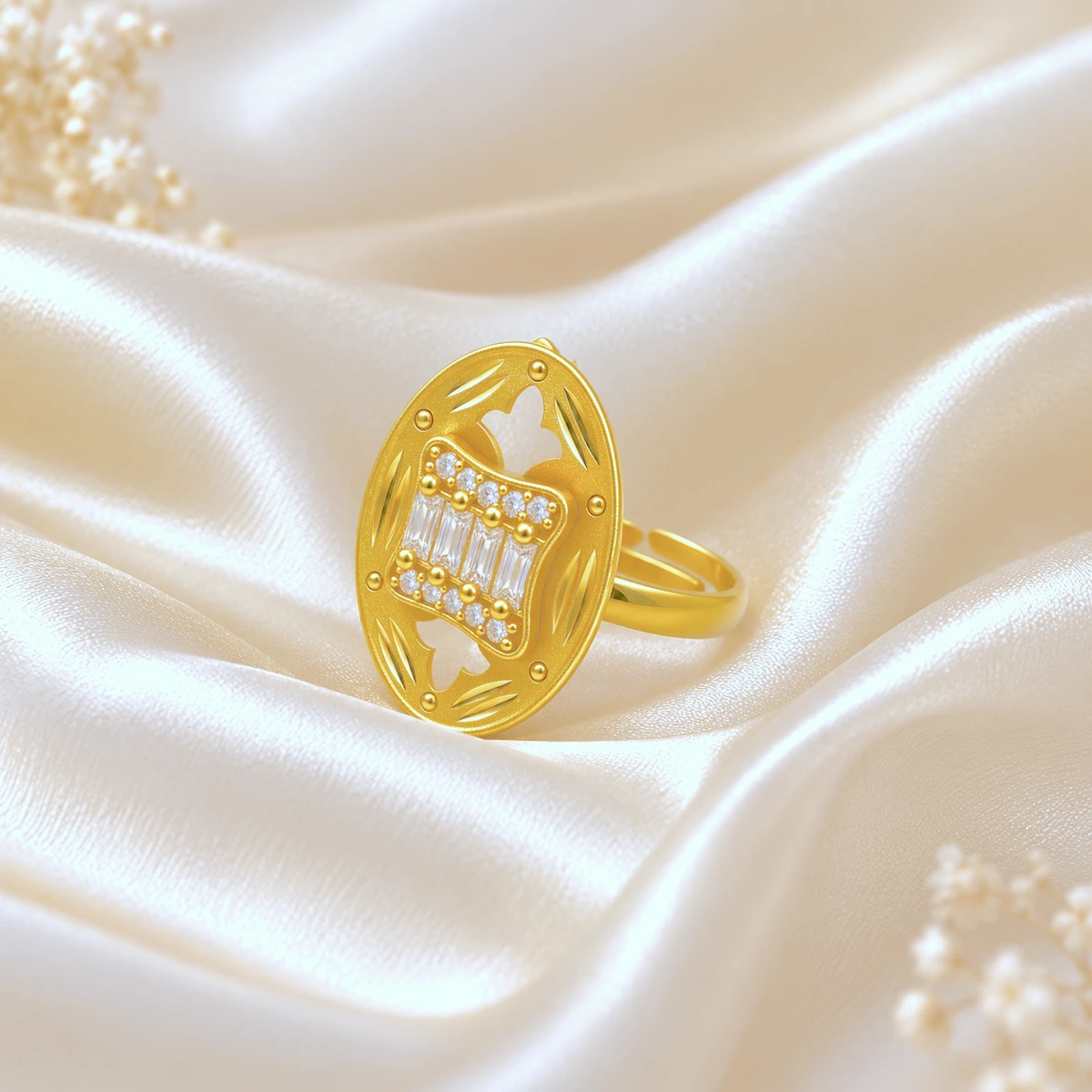 Gold Tone Ornate Floral Cutwork Statement Ring for Women