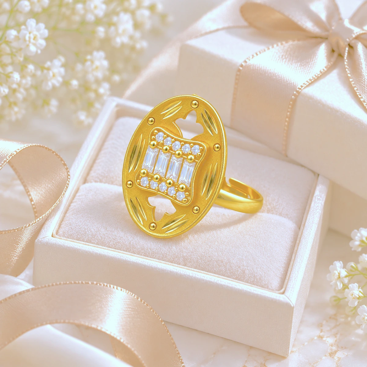 Gold Tone Ornate Floral Cutwork Statement Ring for Women