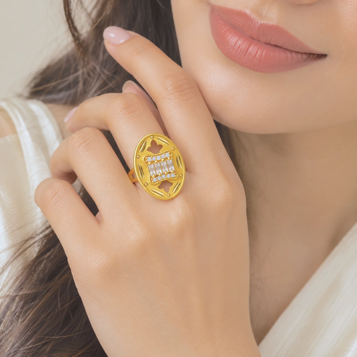 Gold Tone Ornate Floral Cutwork Statement Ring for Women