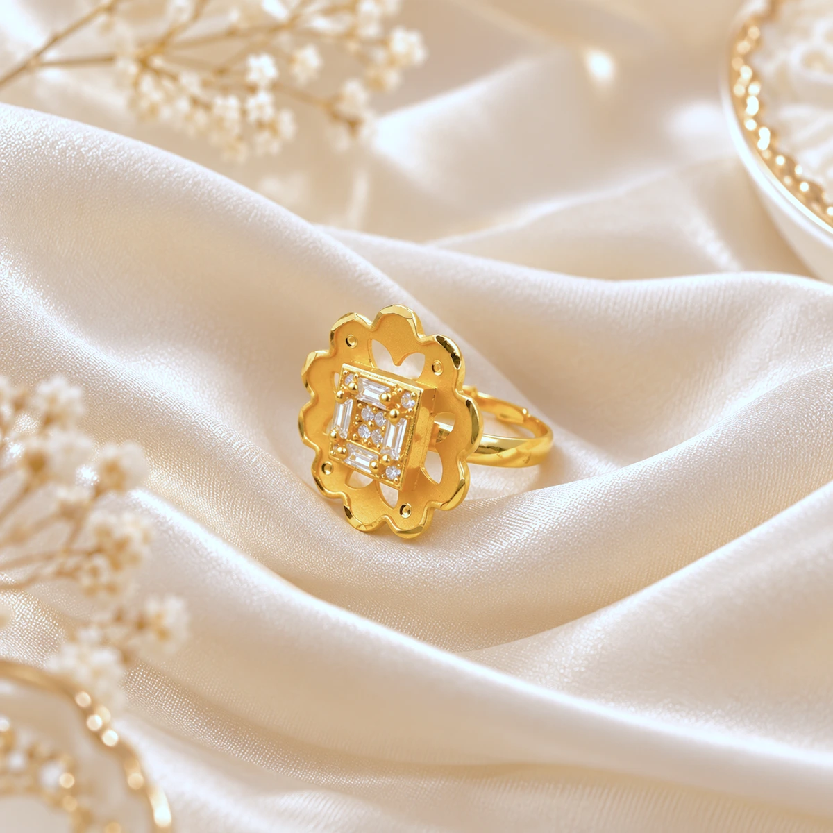 Gold Tone Floral Cutwork Statement Ring for Women