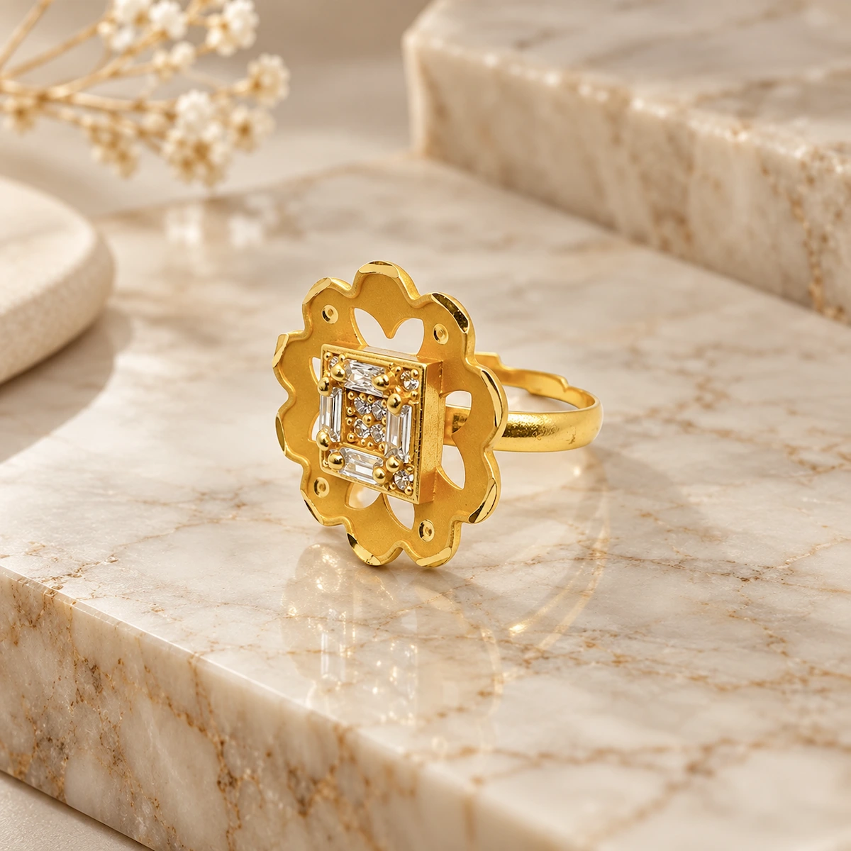 Gold Tone Floral Cutwork Statement Ring for Women