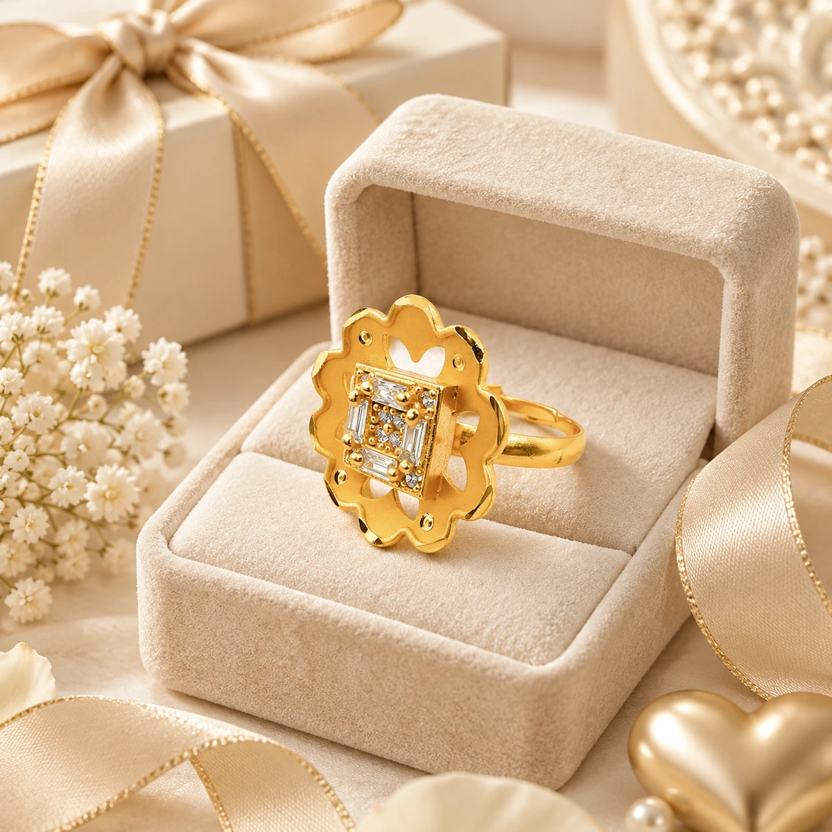 Gold Tone Floral Cutwork Statement Ring for Women