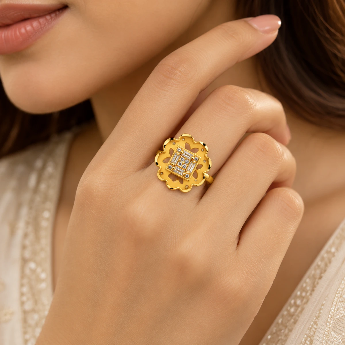 Gold Tone Floral Cutwork Statement Ring for Women