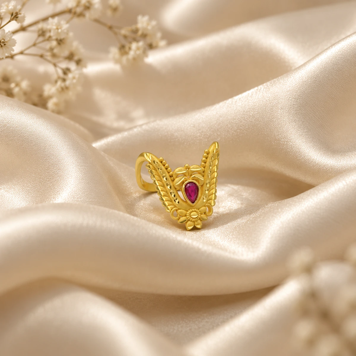 Gold Tone Floral Ruby Teardrop Statement Ring for Women
