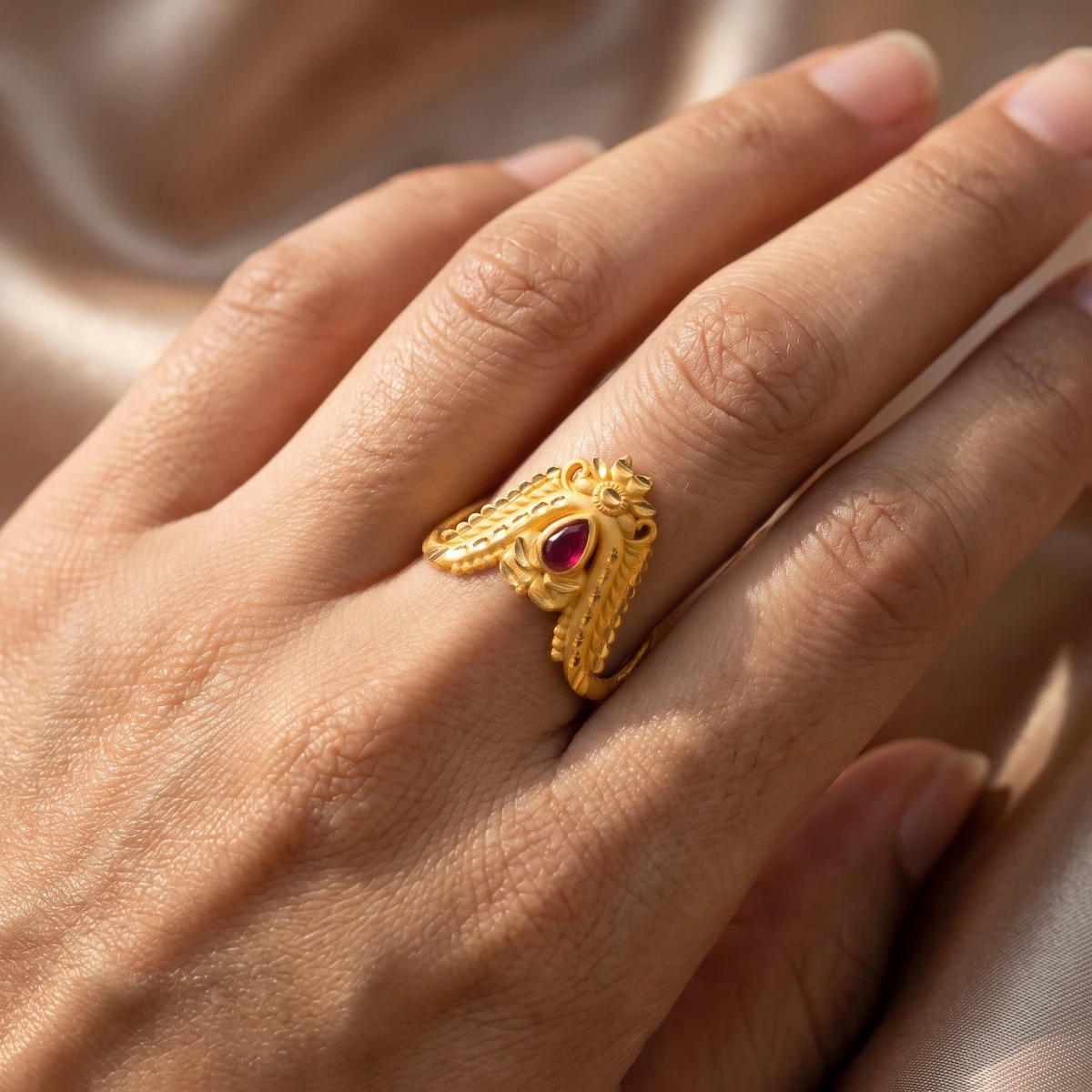 Gold Tone Floral Ruby Teardrop Statement Ring for Women