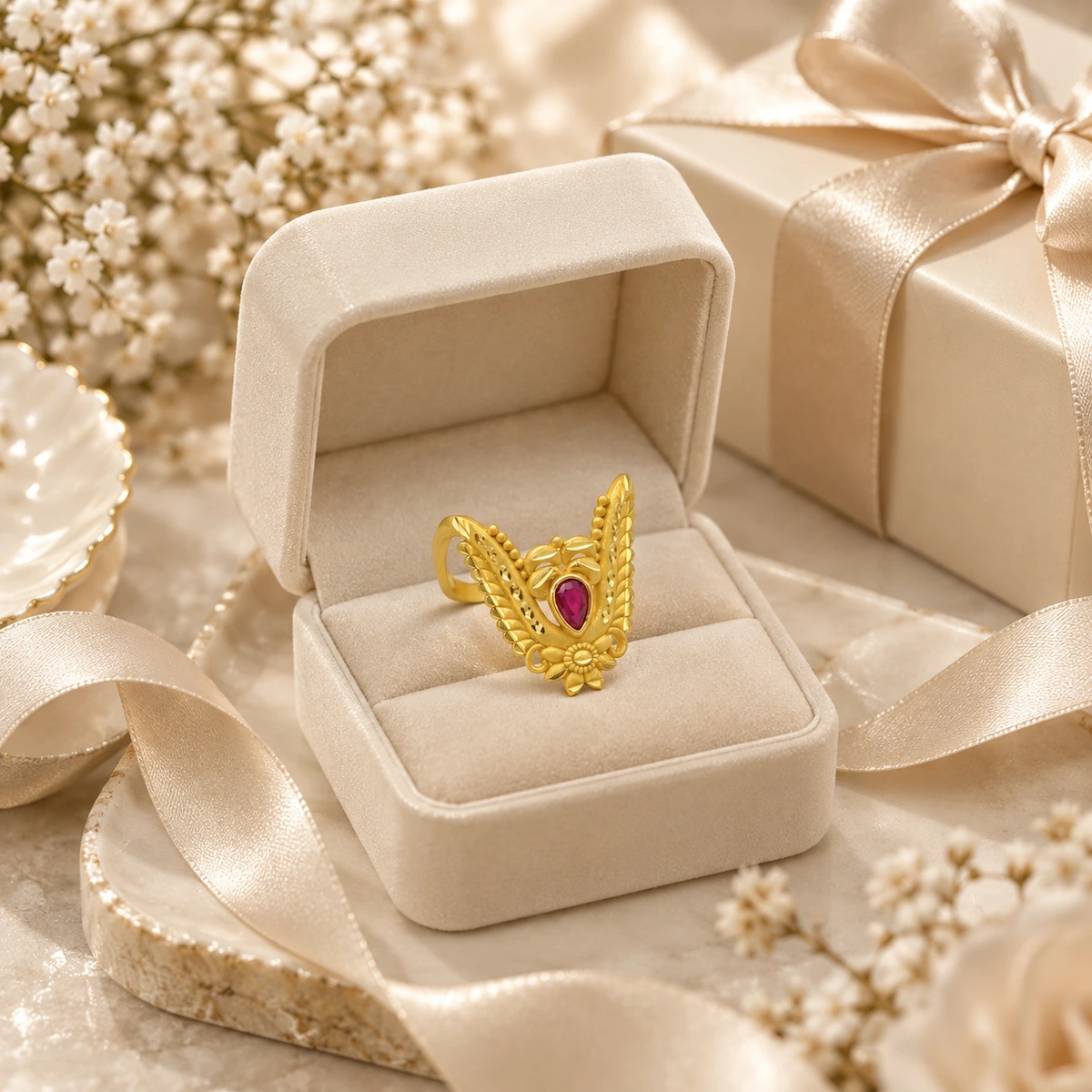Gold Tone Floral Ruby Teardrop Statement Ring for Women