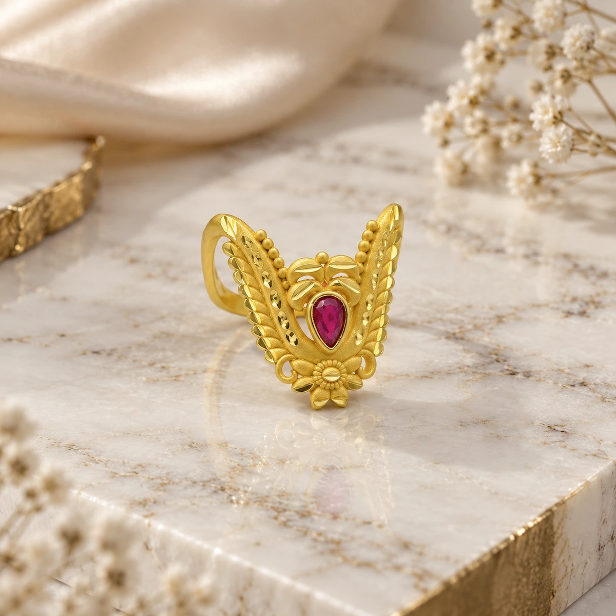 Gold Tone Floral Ruby Teardrop Statement Ring for Women