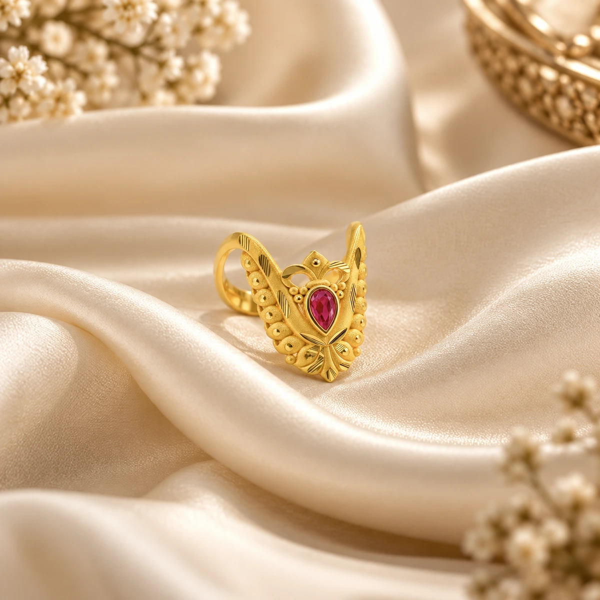 Gold Tone Leaf Design Ruby Teardrop Statement Ring for Women