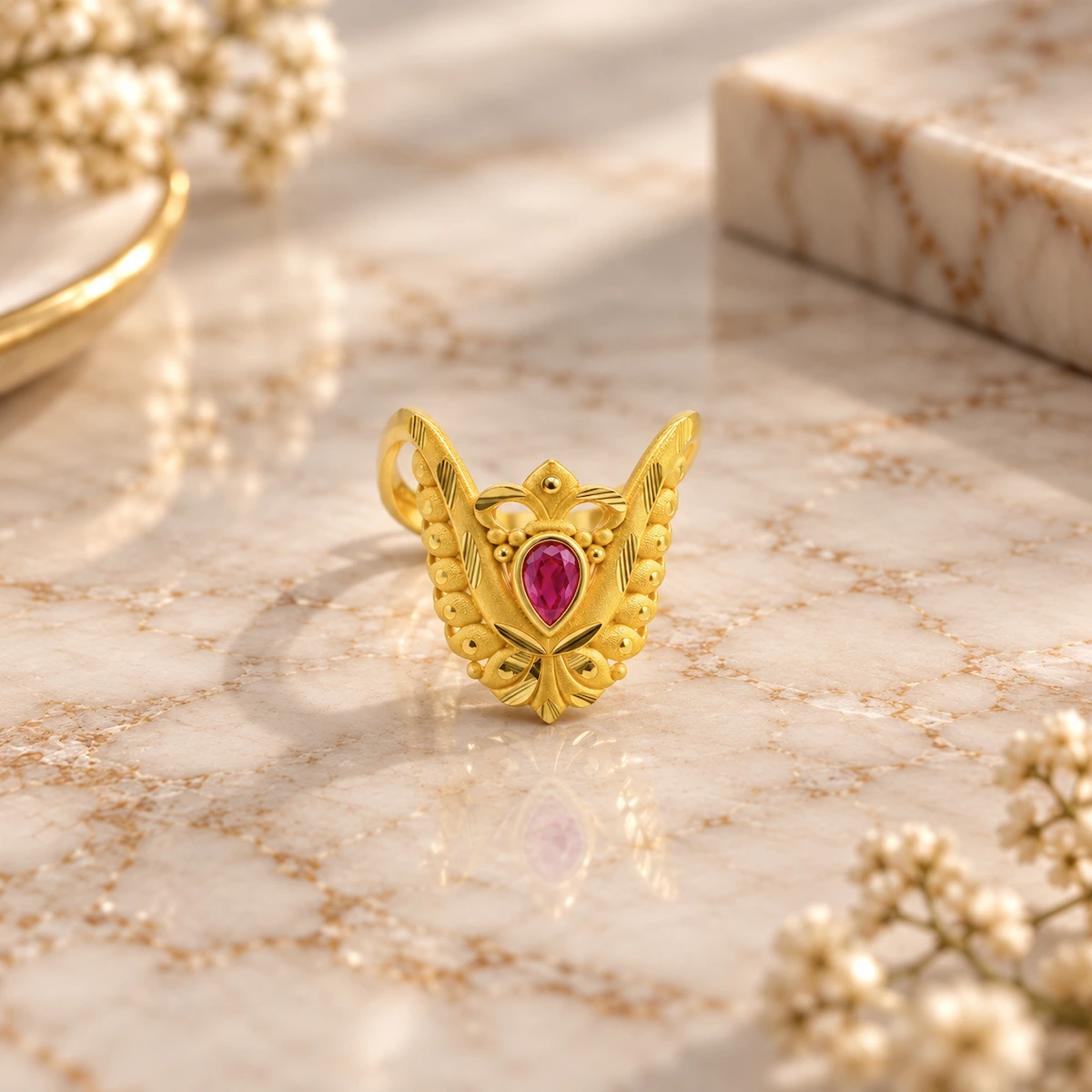 Gold Tone Leaf Design Ruby Teardrop Statement Ring for Women