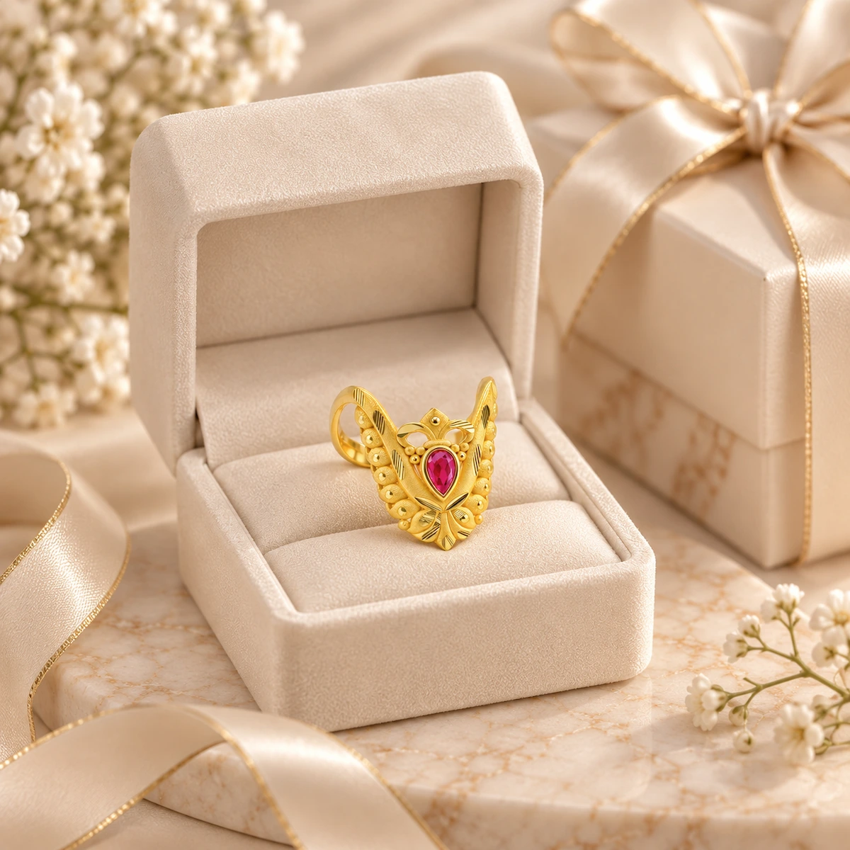 Gold Tone Leaf Design Ruby Teardrop Statement Ring for Women
