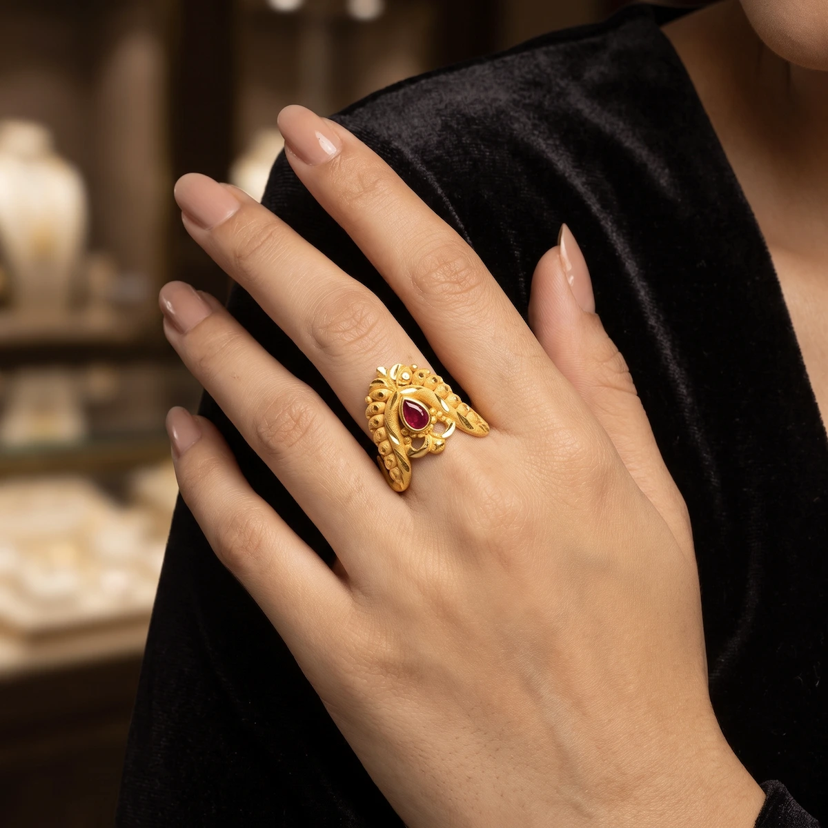 Gold Tone Leaf Design Ruby Teardrop Statement Ring for Women