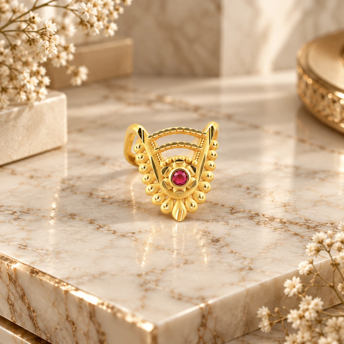 Gold Tone Ruby Leaf Beaded Statement Ring for Women