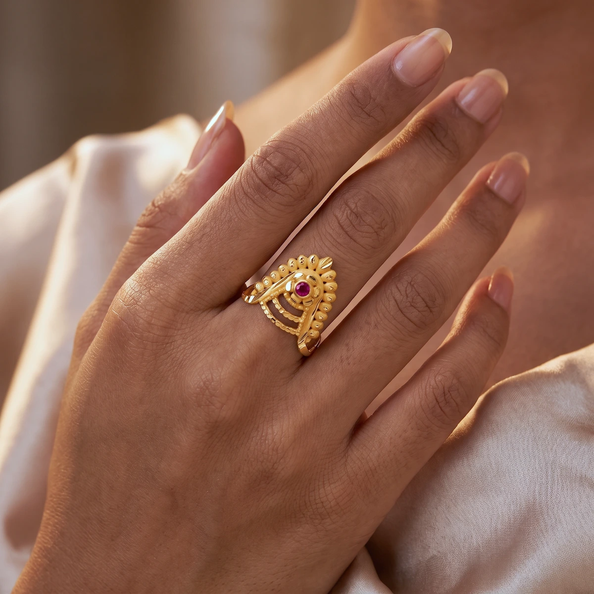 Gold Tone Ruby Leaf Beaded Statement Ring for Women