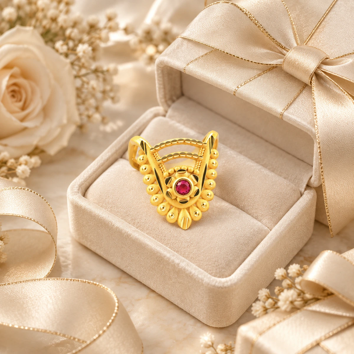 Gold Tone Ruby Leaf Beaded Statement Ring for Women