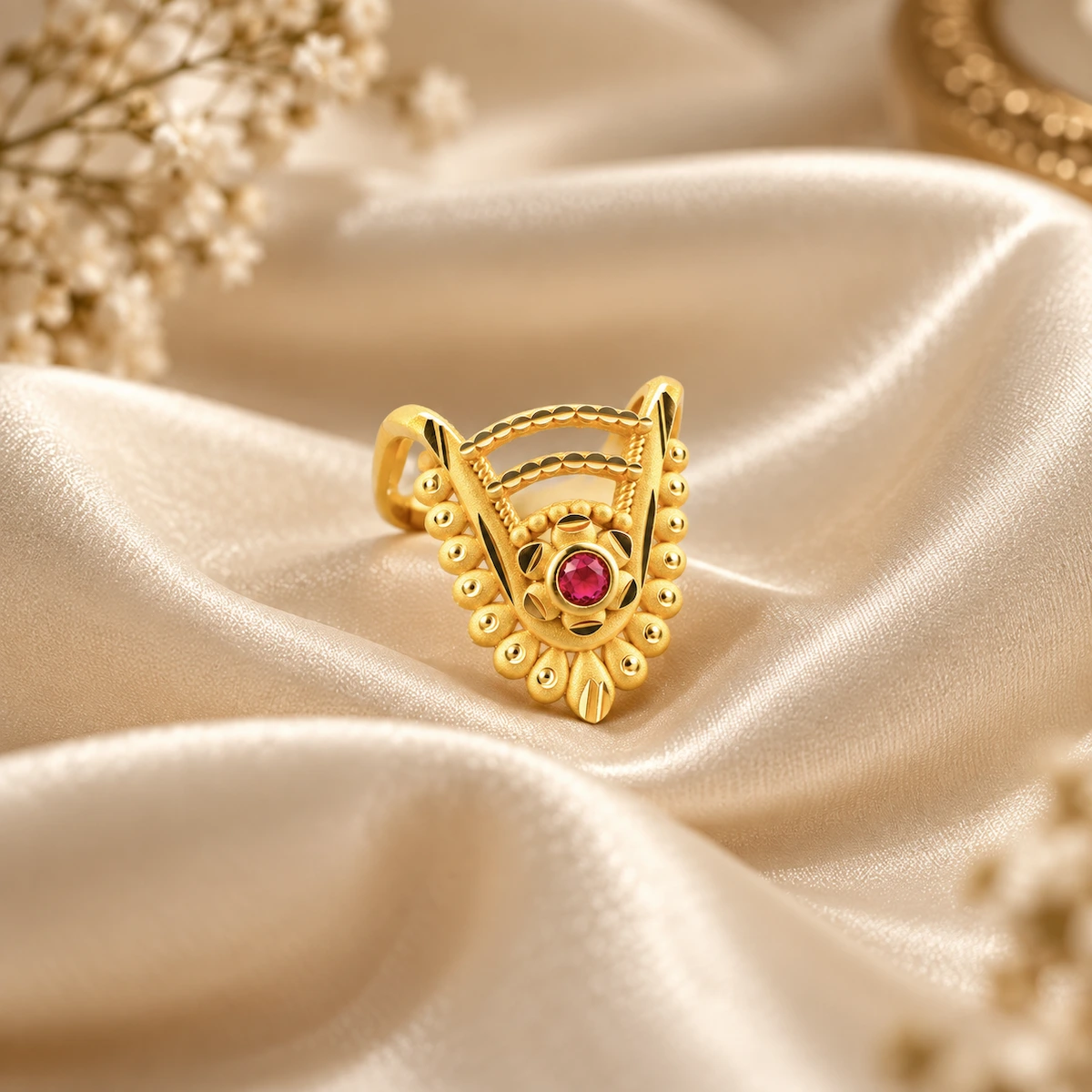 Gold Tone Ruby Leaf Beaded Statement Ring for Women