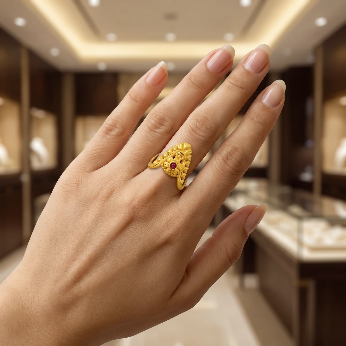 Gold Tone Floral Ruby Round Statement Ring for Women