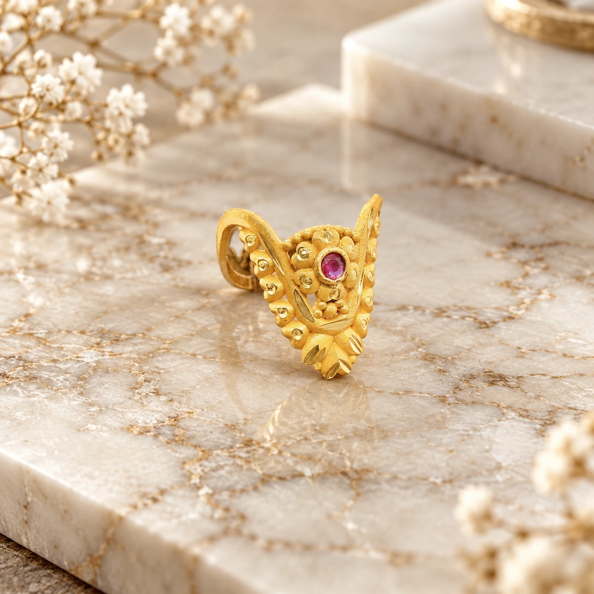 Gold Tone Floral Ruby Round Statement Ring for Women