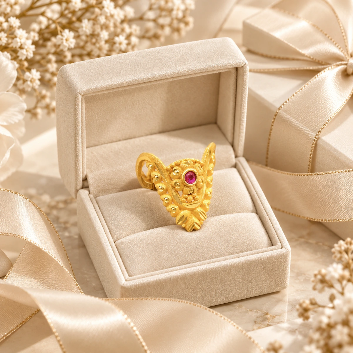 Gold Tone Floral Ruby Round Statement Ring for Women
