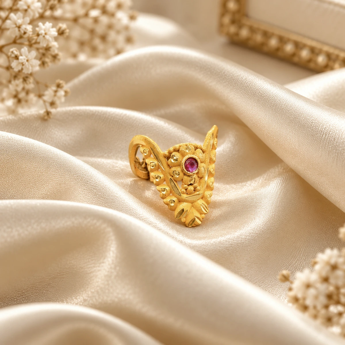 Gold Tone Floral Ruby Round Statement Ring for Women
