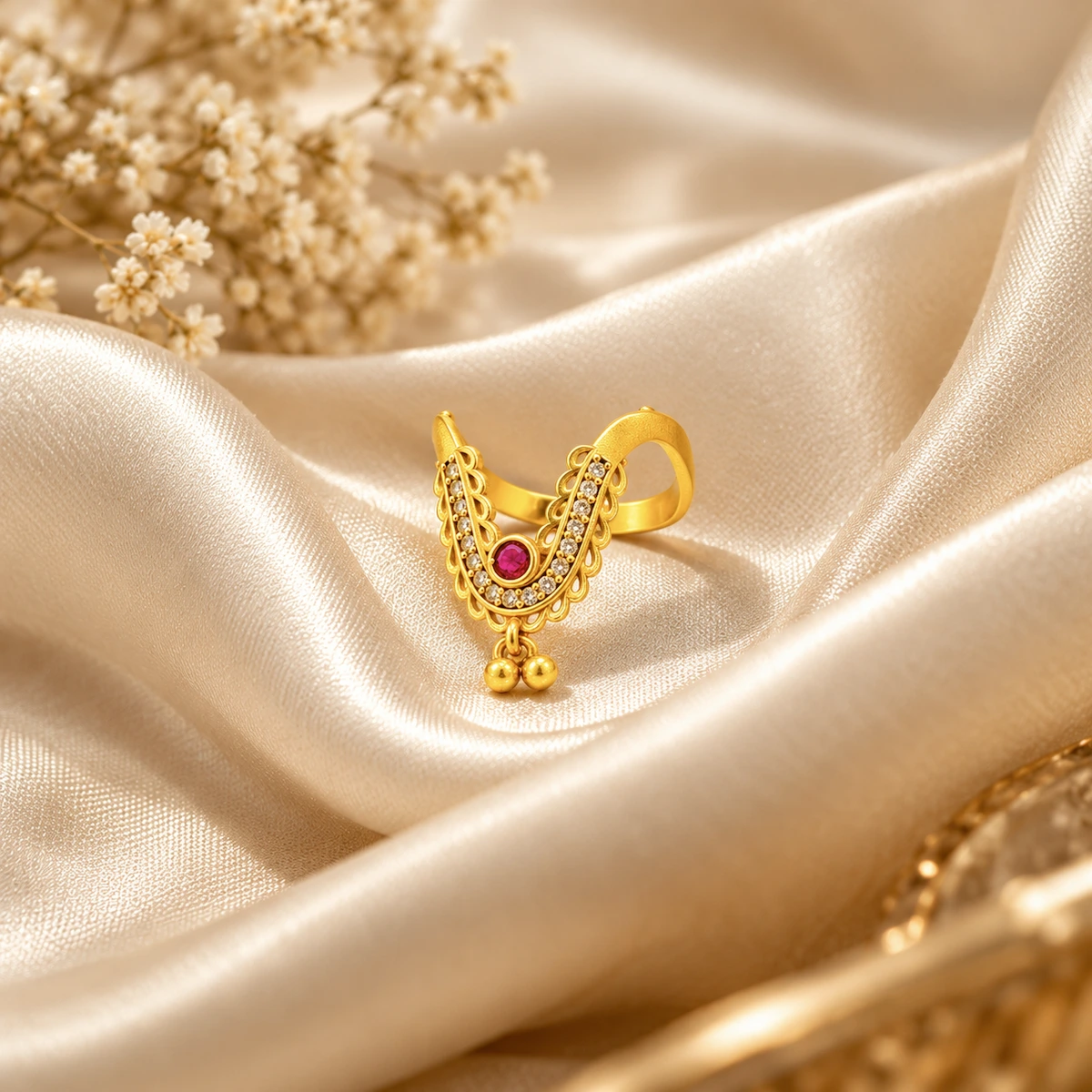 Gold Tone Ruby Beaded V-Shape Statement Ring for Women
