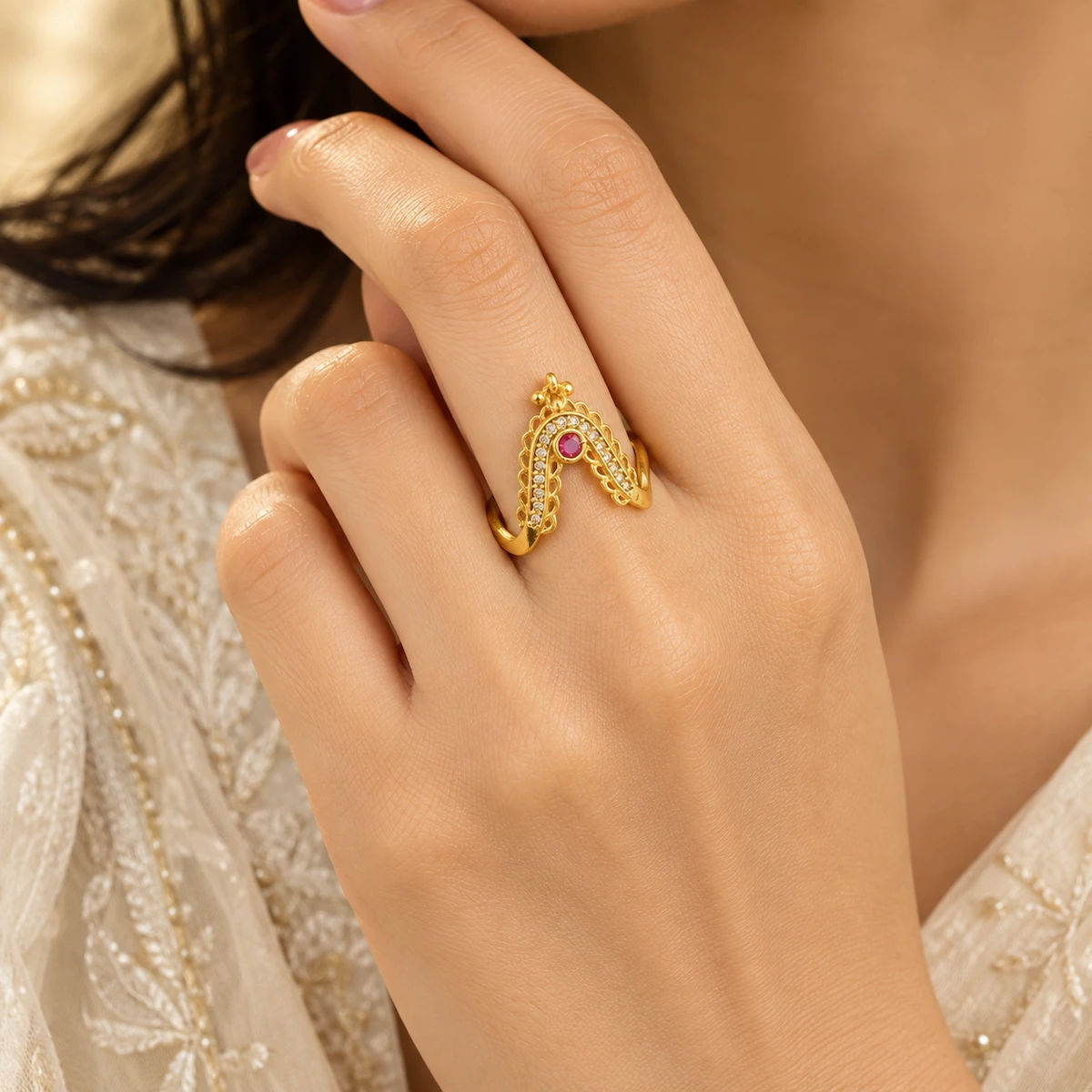 Gold Tone Ruby Beaded V-Shape Statement Ring for Women