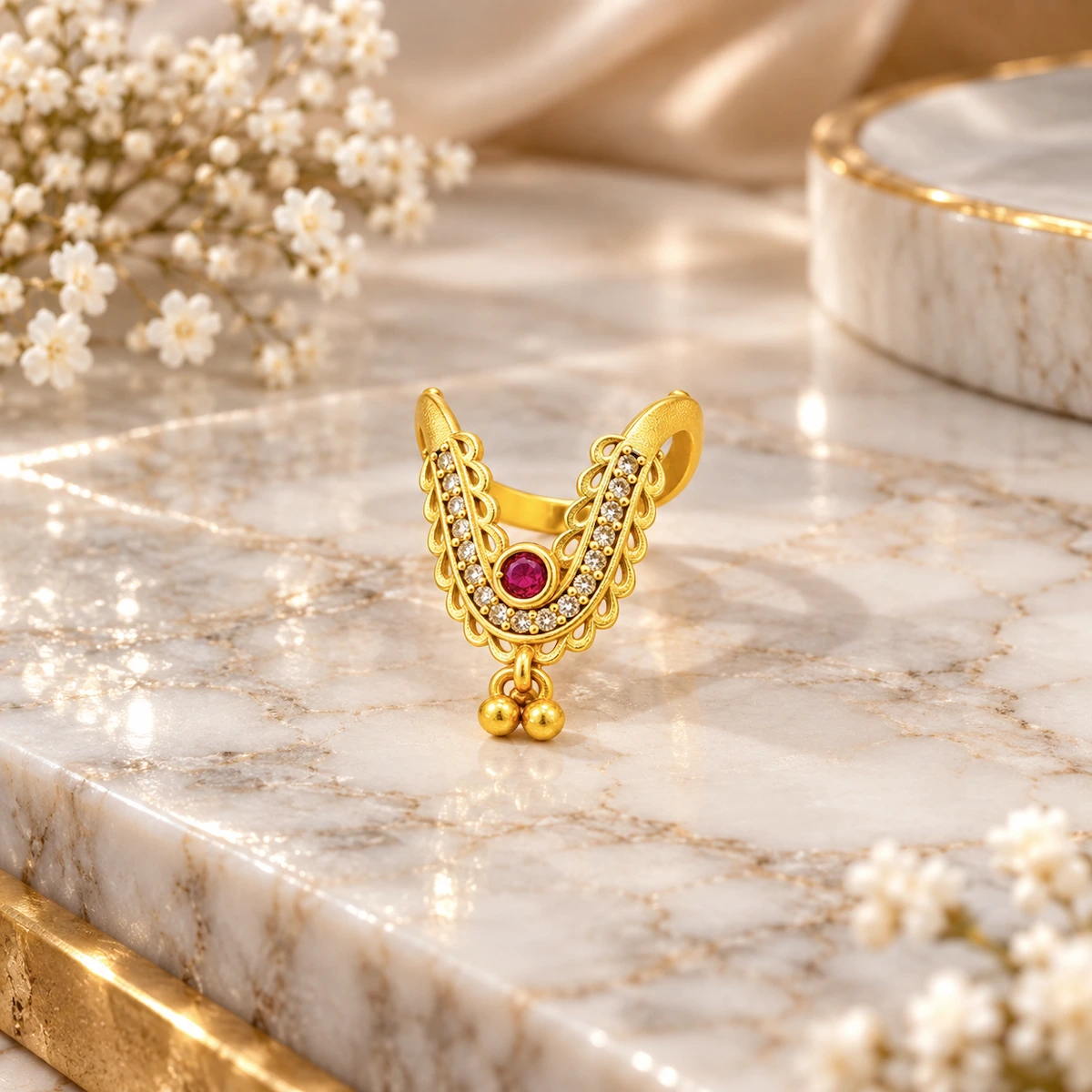 Gold Tone Ruby Beaded V-Shape Statement Ring for Women