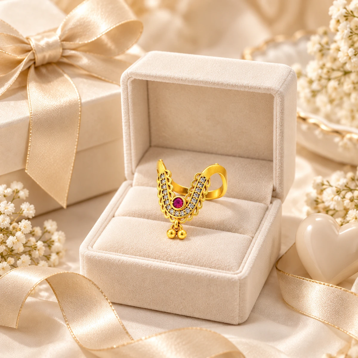 Gold Tone Ruby Beaded V-Shape Statement Ring for Women