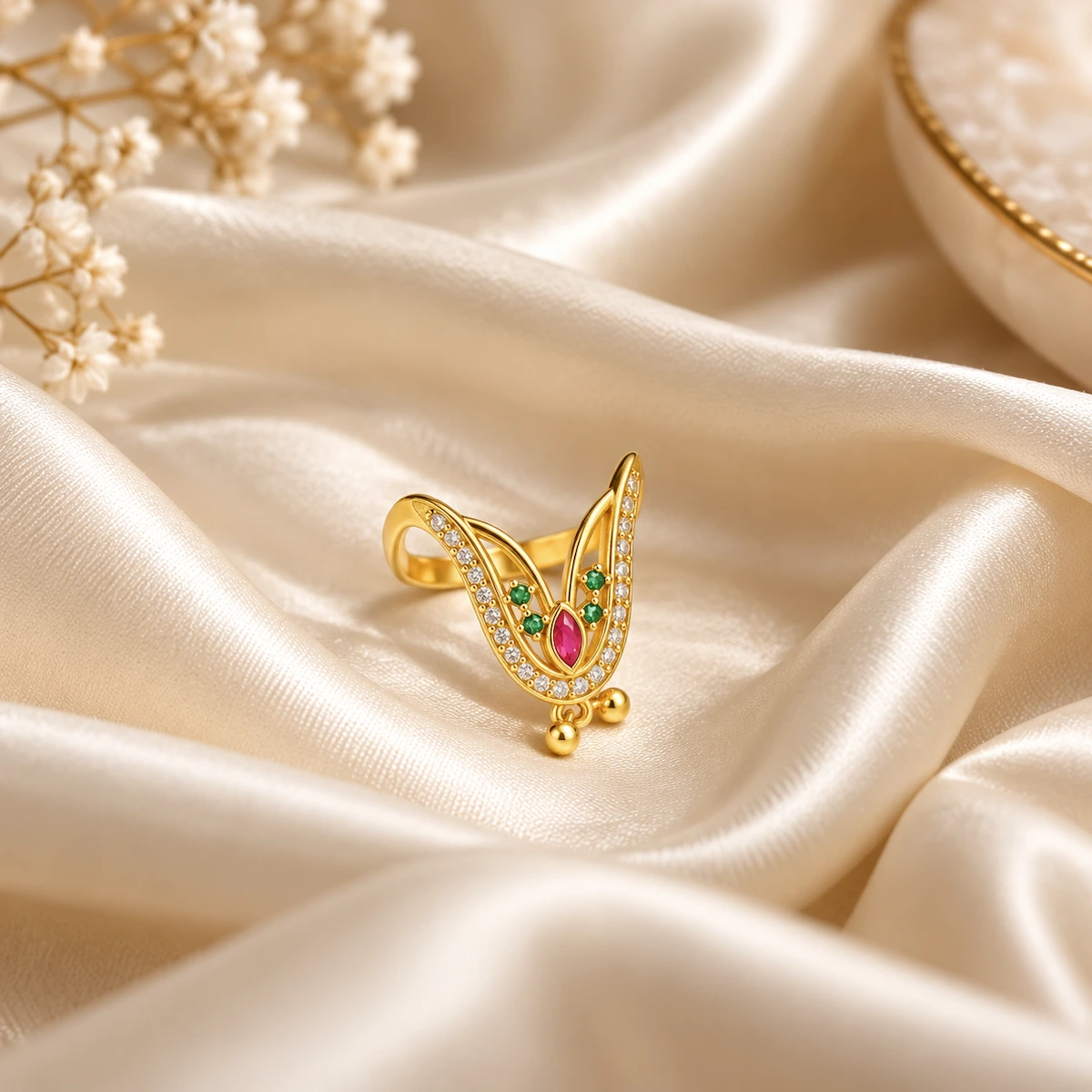 Gold Tone Ruby Green Stone V-Shape Statement Ring for Women