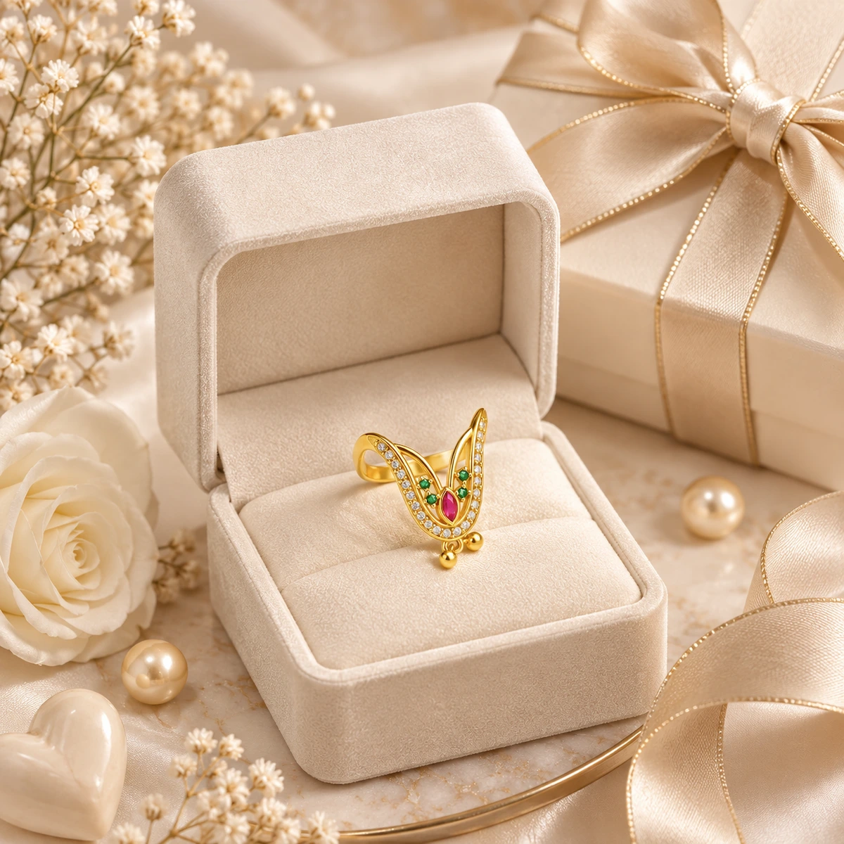 Gold Tone Ruby Green Stone V-Shape Statement Ring for Women