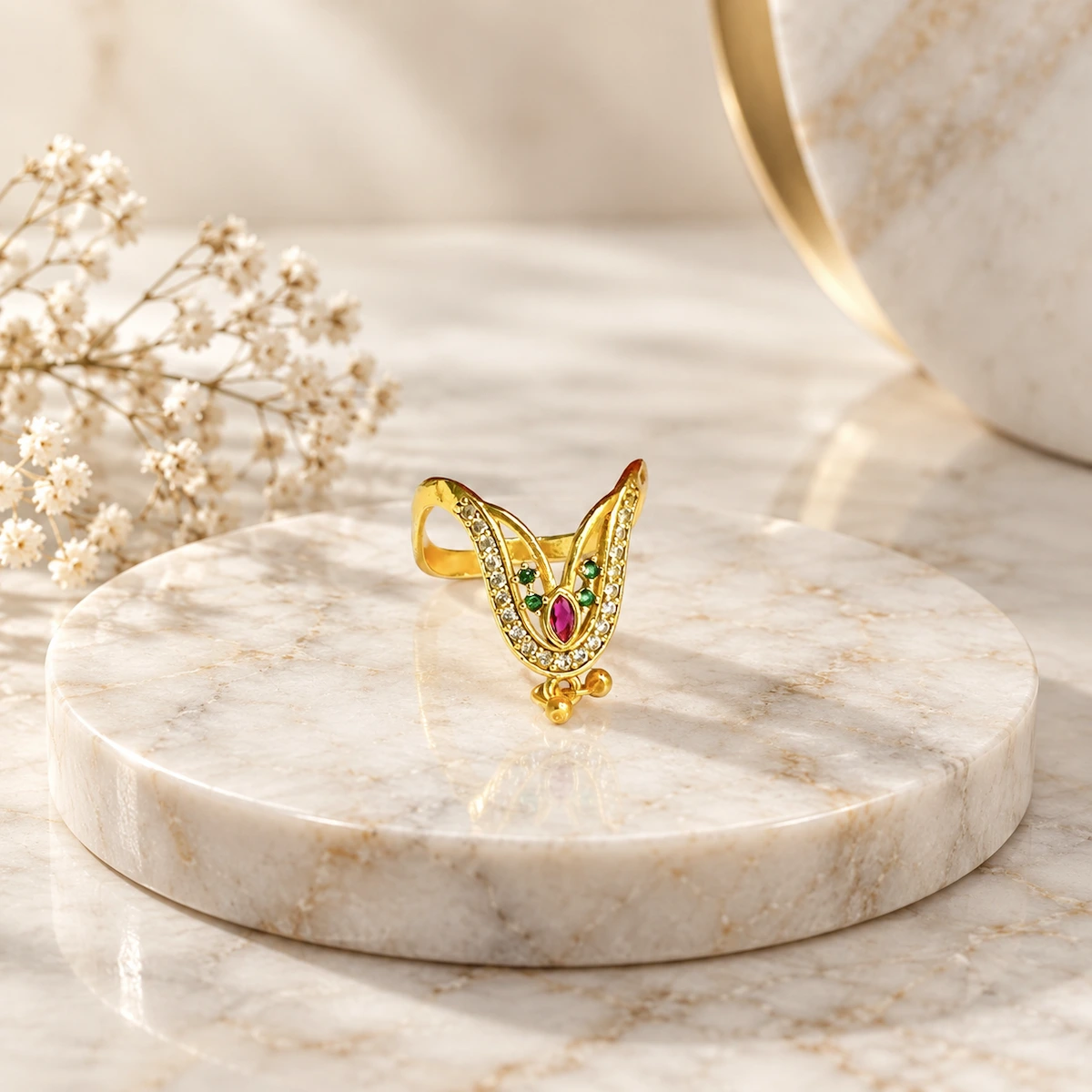 Gold Tone Ruby Green Stone V-Shape Statement Ring for Women