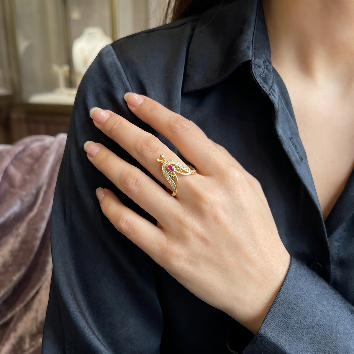 Gold Tone Ruby Green Stone V-Shape Statement Ring for Women