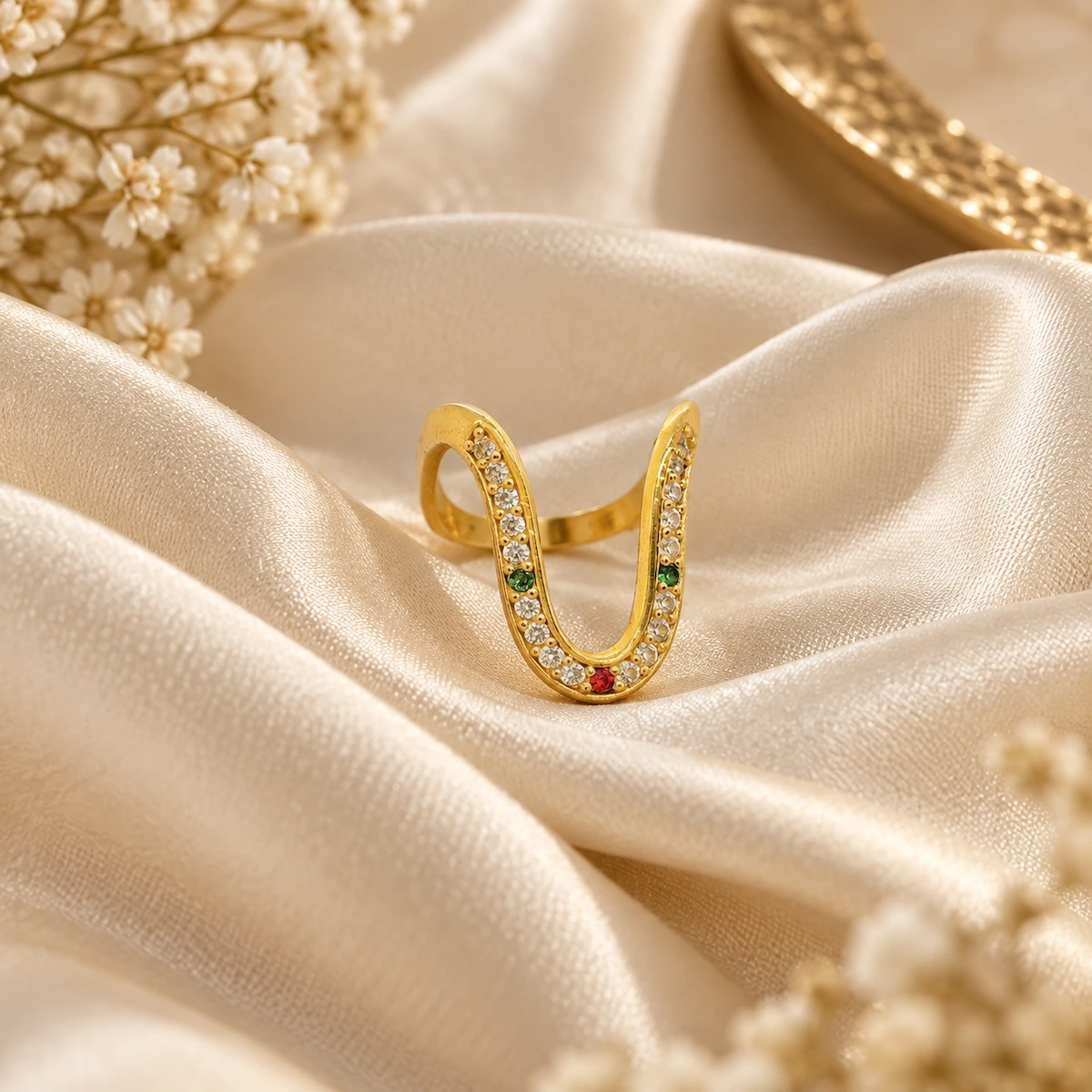 Gold Tone U-Shape Multicolor Stone Statement Ring for Women
