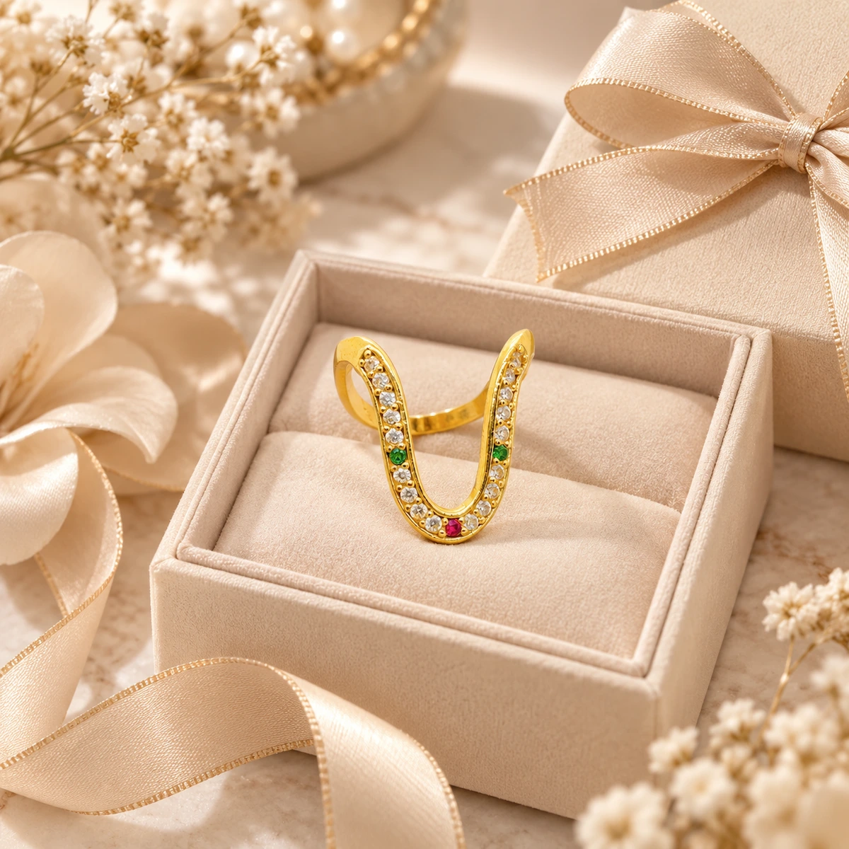Gold Tone U-Shape Multicolor Stone Statement Ring for Women