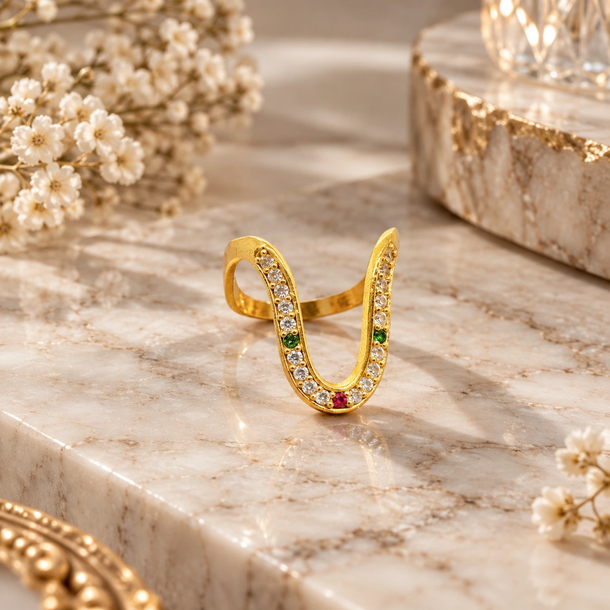 Gold Tone U-Shape Multicolor Stone Statement Ring for Women