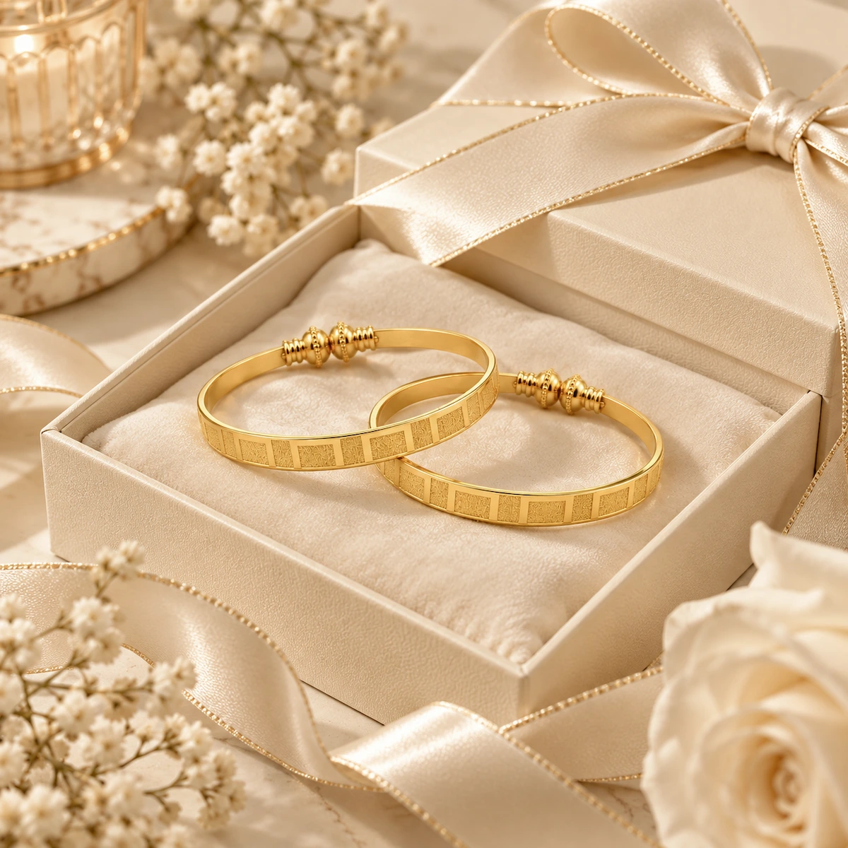 Gold Tone Geometric Textured Bangle Set for Women - Set of 2
