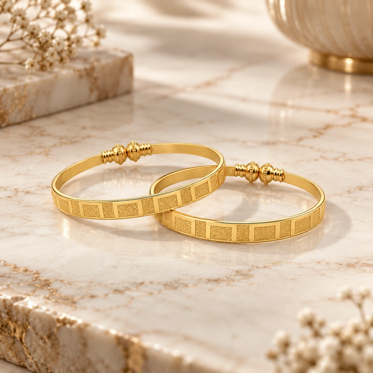 Gold Tone Geometric Textured Bangle Set for Women - Set of 2