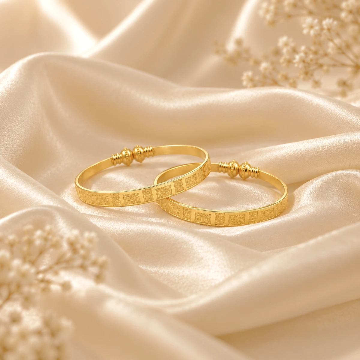 Gold Tone Geometric Textured Bangle Set for Women - Set of 2