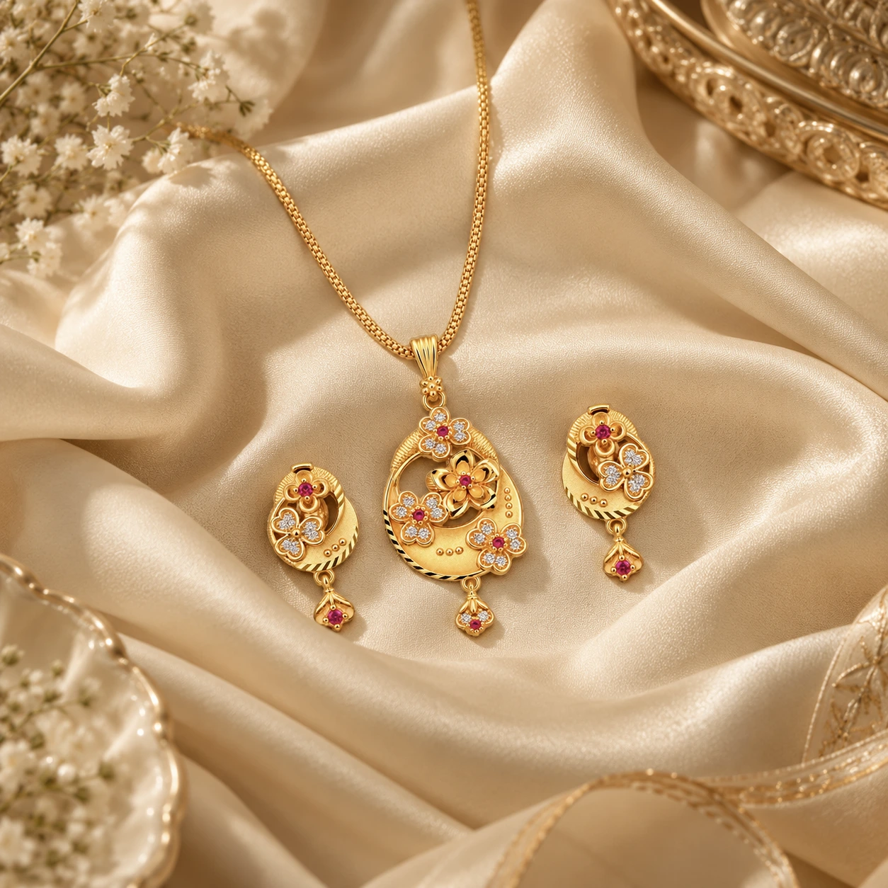 1 Gram Micro Polish 22 Carat Gold Plated Floral Pendant Set