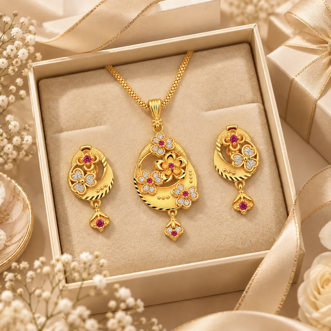 1 Gram Micro Polish 22 Carat Gold Plated Floral Pendant Set