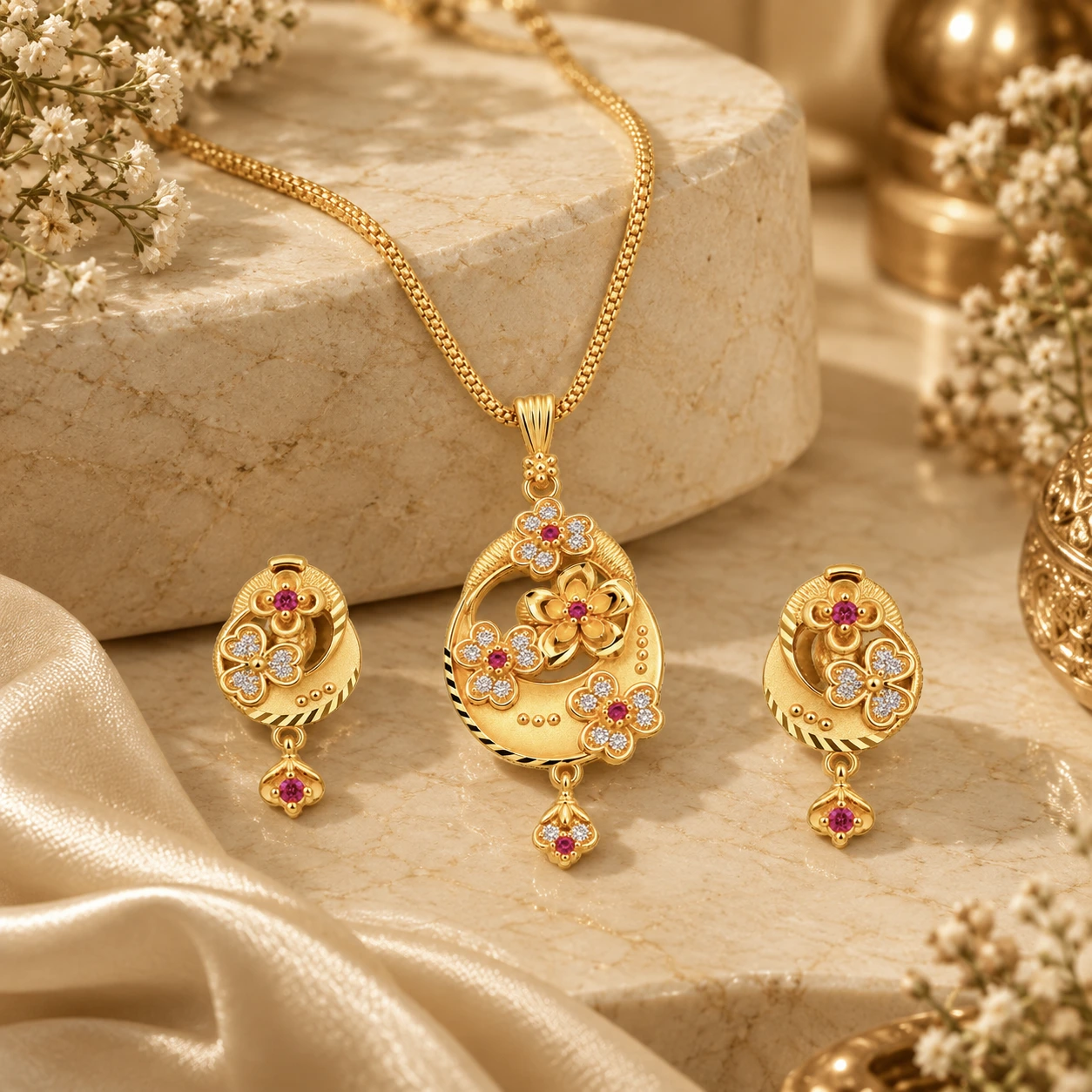 1 Gram Micro Polish 22 Carat Gold Plated Floral Pendant Set