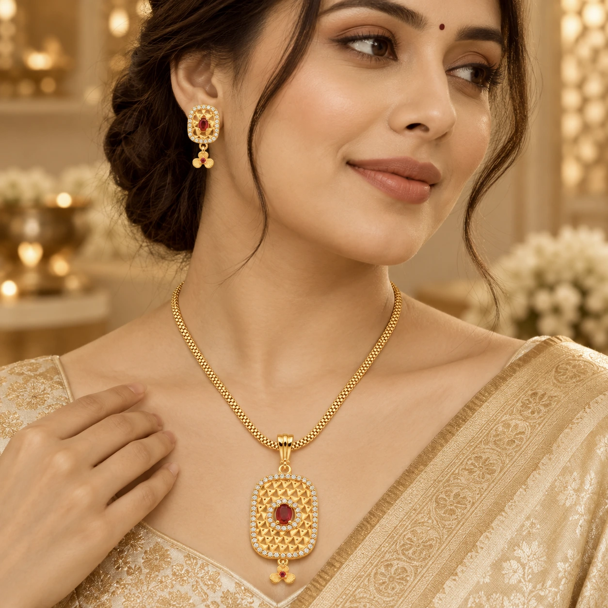 1 Gram Micro Polish 22 Carat Gold Plated Ruby Oval Pendant Set