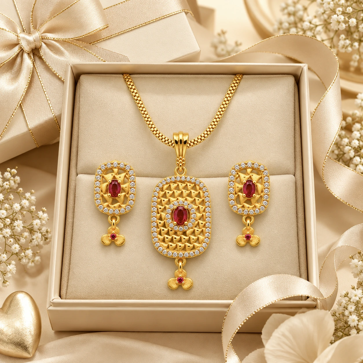 1 Gram Micro Polish 22 Carat Gold Plated Ruby Oval Pendant Set