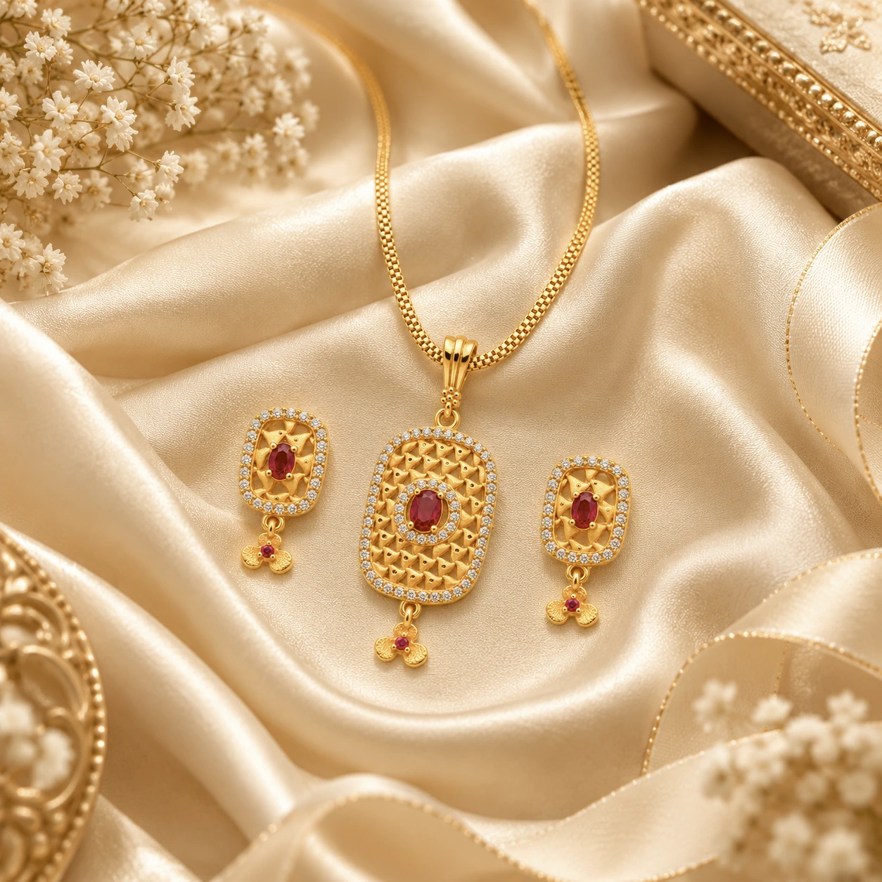 1 Gram Micro Polish 22 Carat Gold Plated Ruby Oval Pendant Set