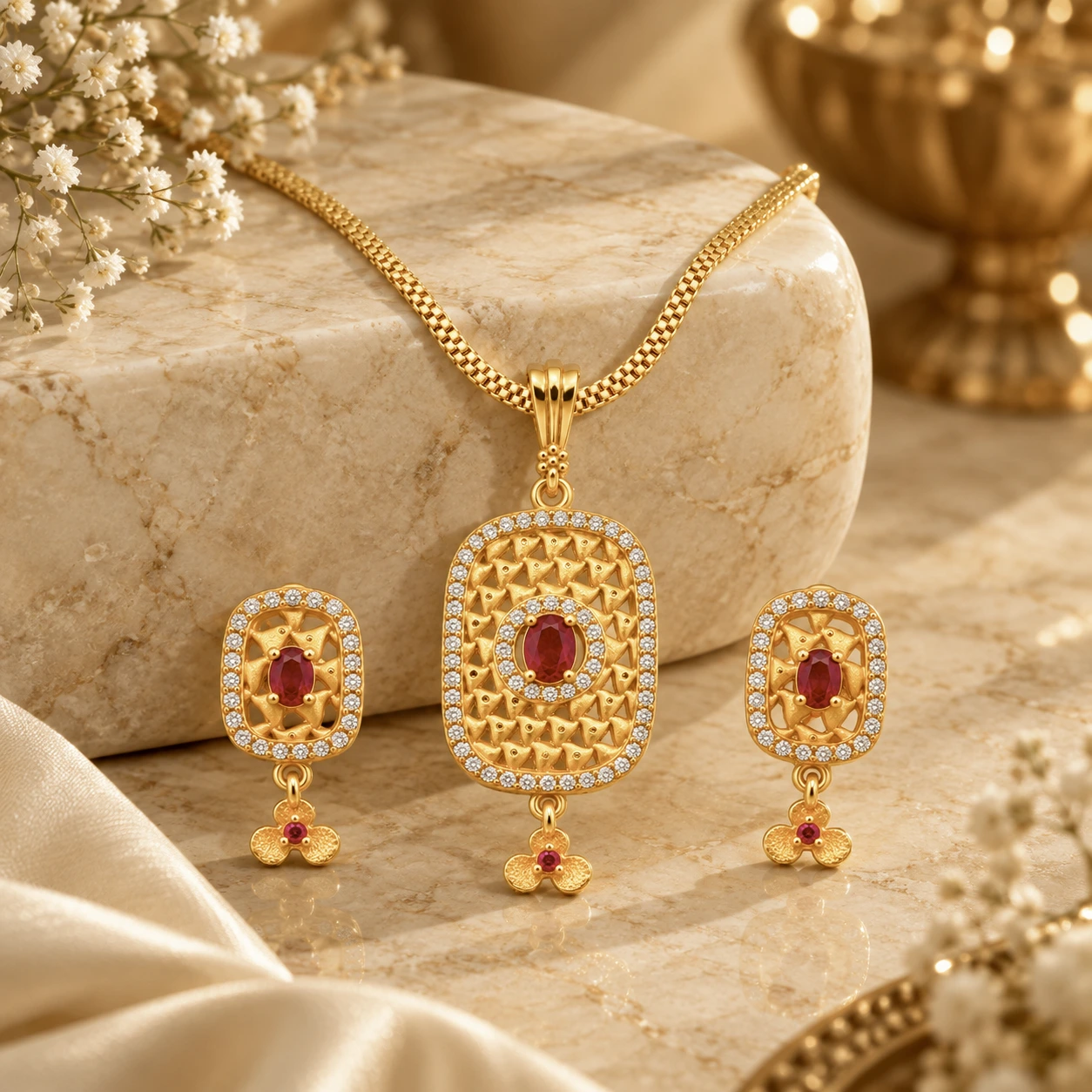 1 Gram Micro Polish 22 Carat Gold Plated Ruby Oval Pendant Set